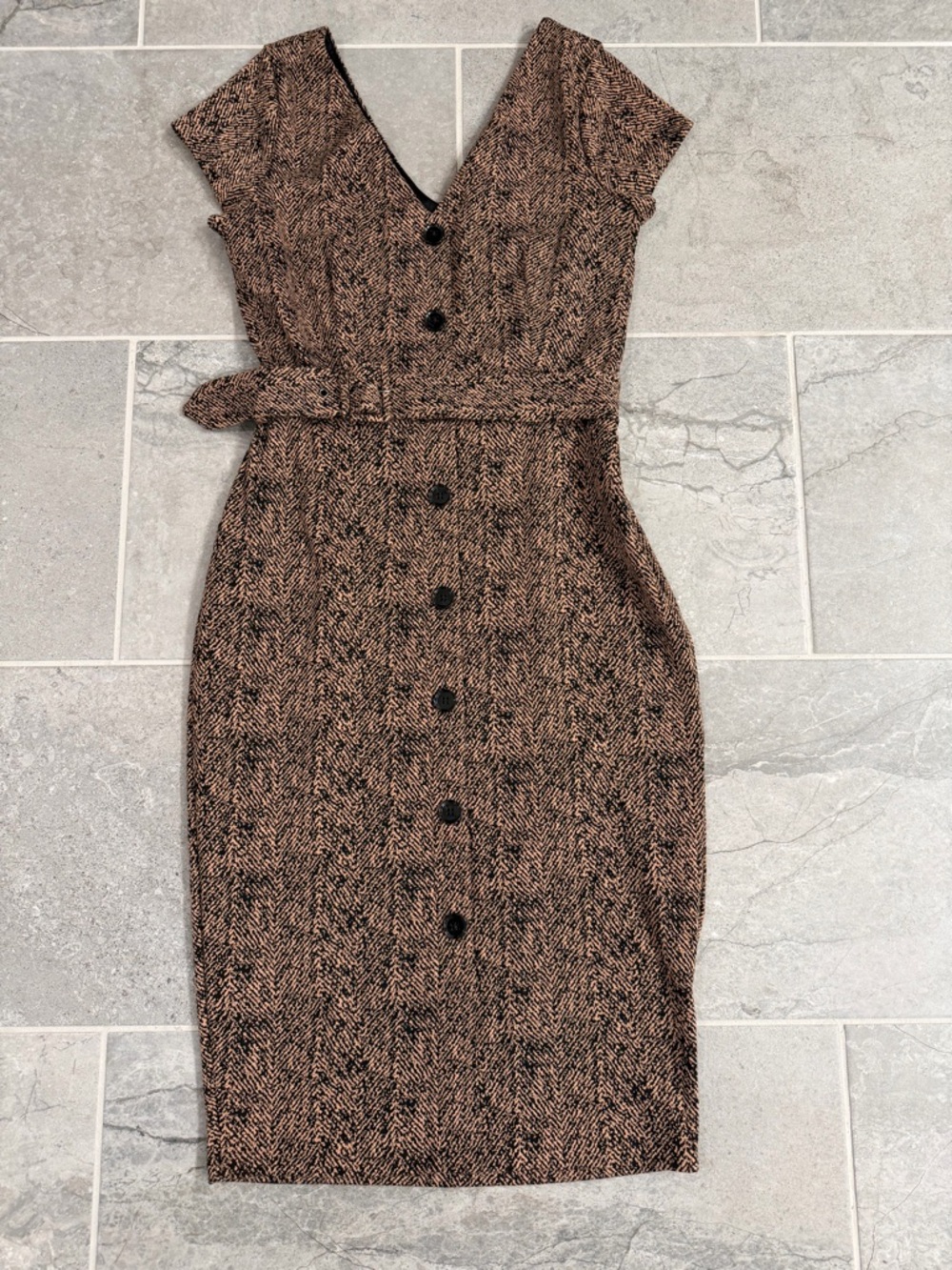 Express Tweed Midi Sheath Dress in Brown and Black